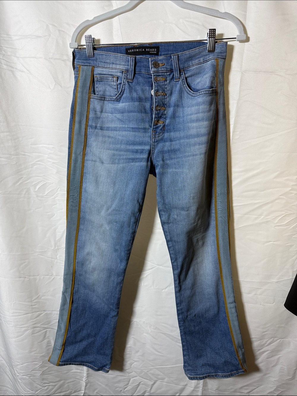 Veronica Beard Light Blue Denim Bootcut Jeans with Tan Side Stripe